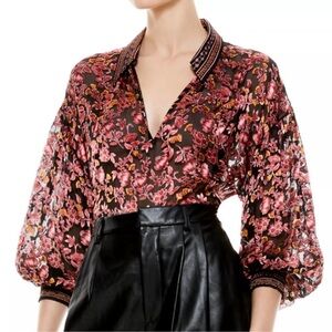 Alice Olivia burnout Elegant Red silk Women's Top Sz S, XS